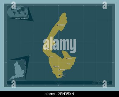 Sefton, comté administratif d'Angleterre - Grande-Bretagne. Forme de couleur unie. Lieux et noms des principales villes de la région. Emplacement auxiliaire d'angle Banque D'Images