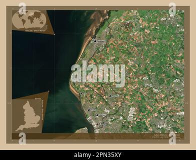 Sefton, comté administratif d'Angleterre - Grande-Bretagne. Carte satellite basse résolution. Lieux et noms des principales villes de la région. Angle auxi Banque D'Images