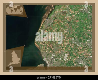 Sefton, comté administratif d'Angleterre - Grande-Bretagne. Carte satellite basse résolution. Cartes d'emplacement auxiliaire d'angle Banque D'Images