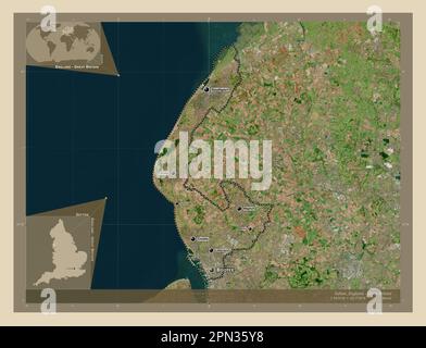 Sefton, comté administratif d'Angleterre - Grande-Bretagne. Carte satellite haute résolution. Lieux et noms des principales villes de la région. Angle aux Banque D'Images