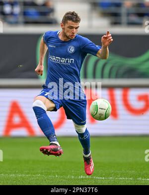 Hugo Cuypers de Gent photographié lors d'un match de football entre AA Gent et West Ham United lors du premier leeg du quart de finale de la Ligue de Conférence de l'UEFA pour la saison 2022-2023 , le dimanche 13 avril 2023 à Gent , Belgique . PHOTO SPORTPIX | Dirk Vuylsteke Banque D'Images