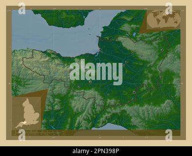 Somerset, comté administratif d'Angleterre - Grande-Bretagne. Carte d'altitude en couleur avec lacs et rivières. Lieux des principales villes de la région. Maïs Banque D'Images