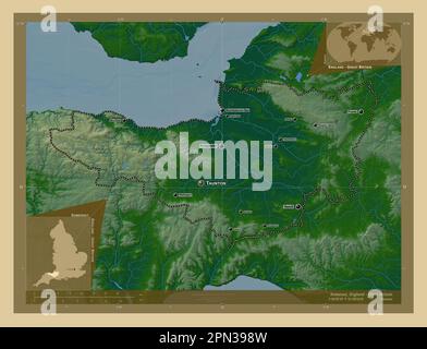 Somerset, comté administratif d'Angleterre - Grande-Bretagne. Carte d'altitude en couleur avec lacs et rivières. Lieux et noms des principales villes du RE Banque D'Images