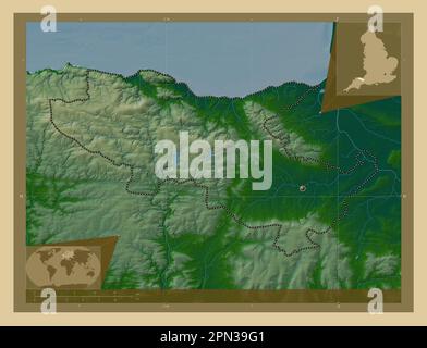 Somerset West et Taunton, district non métropolitain d'Angleterre - Grande-Bretagne. Carte d'altitude en couleur avec lacs et rivières. Emplacement auxiliaire du coin Banque D'Images