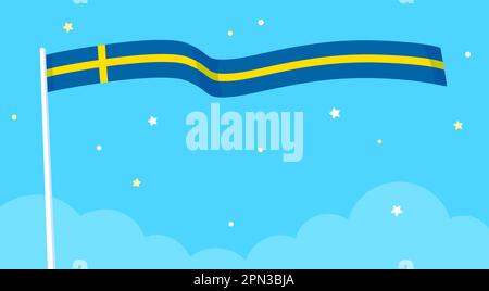 Drapeau de la Suède agitant dans le ciel. Simple drapeau suédois de dessin animé et étoiles sur fond bleu, modèle de bannière. Illustration vectorielle. Illustration de Vecteur