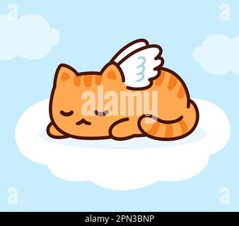 Chat ange mignon avec des ailes dormant sur le nuage dans le ciel. Carte de vœux de perte de décès d'animal de compagnie. Dessin de chaton au gingembre, illustration vectorielle. Illustration de Vecteur