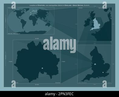 Stafford, district non métropolitain d'Angleterre - Grande-Bretagne. Schéma montrant l'emplacement de la région sur des cartes à plus grande échelle. Composition du vecteur Banque D'Images