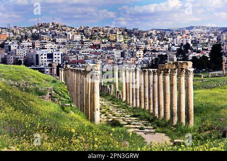 Cardo Maximus Columnade ruines romaines, Jerash, Jordanie, ancienne ville, se vante d'une chaîne ininterrompue d'occupation humaine datant de 6 500 ans, Banque D'Images