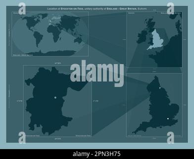 Stockton-on-Tees, autorité unitaire de l'Angleterre - Grande-Bretagne. Schéma montrant l'emplacement de la région sur des cartes à plus grande échelle. Composition du vecteur Banque D'Images