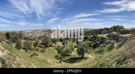 FES, Maroc : superbe horizon panoramique de la ville avec médina et ville Nouvelle entourée de collines vues de Borj Nord (Burj al-Shamal) fortification Banque D'Images