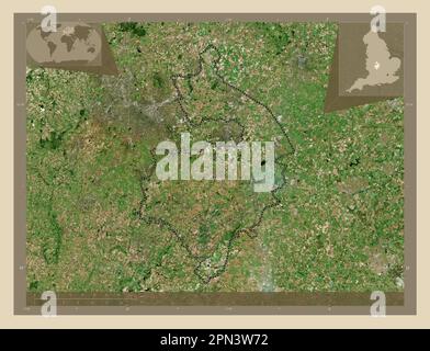 Warwickshire, comté administratif d'Angleterre - Grande-Bretagne. Carte satellite haute résolution. Cartes d'emplacement auxiliaire d'angle Banque D'Images