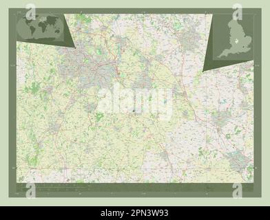 Warwickshire, comté administratif d'Angleterre - Grande-Bretagne. Ouvrez la carte des rues. Cartes d'emplacement auxiliaire d'angle Banque D'Images