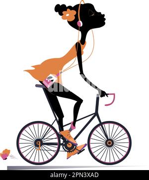 Femme africaine avec un lecteur de musique à vélo. Faire du vélo à une jeune femme africaine qui écoute de la musique sur un lecteur à l'aide d'un casque. Illustration en blanc Illustration de Vecteur