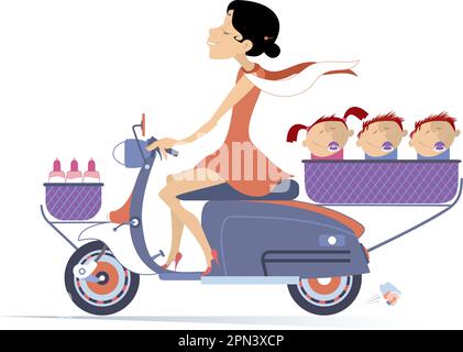 Une jeune femme et trois bébés prennent le scooter. Une jeune femme heureuse est à bord d'un scooter avec trois bébés et de la nourriture pour bébé dans le panier. Isolé sur blanc Illustration de Vecteur