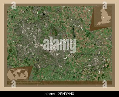 West Midlands Combined Authority, région d'Angleterre - Grande-Bretagne. Carte satellite basse résolution. Cartes d'emplacement auxiliaire d'angle Banque D'Images