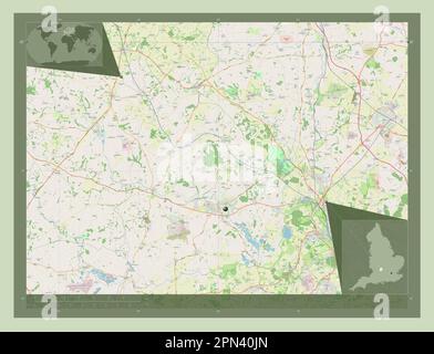 West Oxfordshire, district non métropolitain d'Angleterre - Grande-Bretagne. Ouvrez la carte des rues. Cartes d'emplacement auxiliaire d'angle Banque D'Images