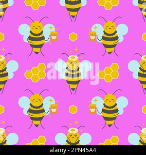 Motif mignon petites abeilles sans coutures. Fond rose avec des abeilles joyeuses. Illustration de Vecteur