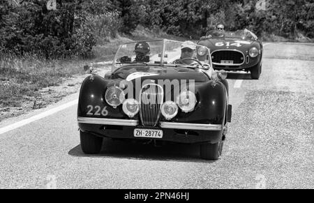 URBINO, ITALIE - 16 JUIN - 2022 : JAGUAR XK120 OTS ROADSTER 1952 sur une vieille voiture de course en rallye mille Miglia 2022 la célèbre course historique italienne Banque D'Images