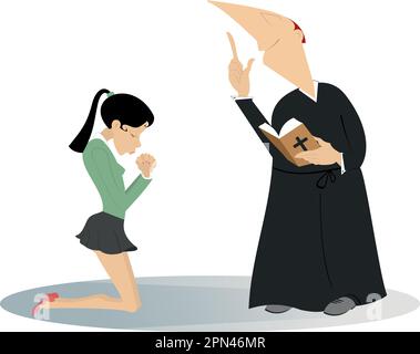 Prêtre et femme de prière dans l'illustration des genoux. Jeune femme prie à genoux et un prêtre prêcheur avec un livre de prière isolé sur blanc Illustration de Vecteur