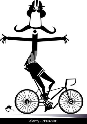 Drôle de moustache homme long dans le casque de marche un vélo noir sur l'illustration de silhouette blanche Illustration de Vecteur