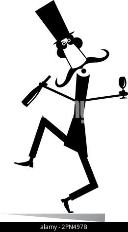 Dansant long moustache homme dans le chapeau supérieur avec une bouteille de vin et pied verre isolé noir sur blanc illustration Illustration de Vecteur