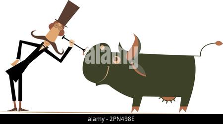 Illustration vétérinaire et vache. Drôle de long moustache homme dans le chapeau est l'examen d'une vache souriante par endoscope isolé sur blanc Illustration de Vecteur
