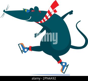 Dessin animé rat ou souris une illustration de patineuse. Drôle de rat ou de souris est patinage isolé sur l'illustration blanche Illustration de Vecteur