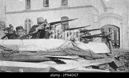 Soldats à la barricade pendant la révolution au Portugal. Photo de 1910. Banque D'Images