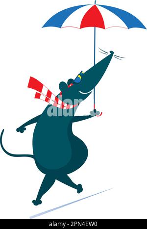 Belle journée et rat ou souris avec l'illustration de parapluie. Dessin animé rat ou souris marchant avec un parapluie isolé sur blanc Illustration de Vecteur