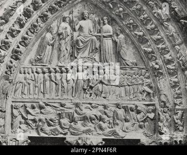 Le dernier jugement tympan tel qu'il est montré sur la cathédrale notre-Dame, Paris, France, vers 1900 Banque D'Images