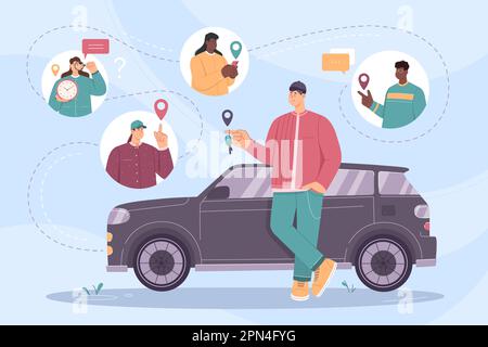 Partager l'illustration du vecteur de voiture. Homme de dessin animé tenant la clé automatique du véhicule, communauté de personnes utilisant l'application de partage de voiture et le partage de transport réservé pour la ville et le voyage, échange de voiture de location Illustration de Vecteur
