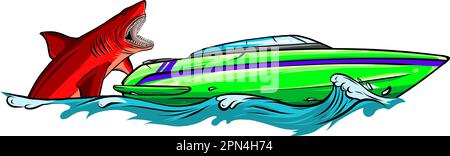 Requin affamé avec un gros bateau d'attaque à mâchoires de l'eau. Illustration de Vecteur