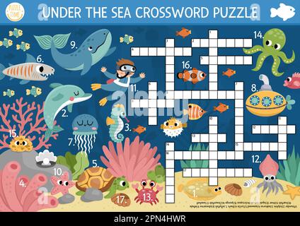 Puzzle vectoriel sous la mer pour les enfants. Quiz simple sur la vie océanique avec paysage marin pour les enfants. Activité éducative avec poisson, sous-marin, Illustration de Vecteur