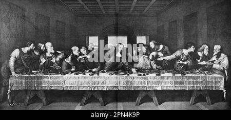 Jésus dernier souper avec ses douze apôtres à Jérusalem, bible, Nouveau Testament, Léonard de Vinci, Illustration historique 1890 Banque D'Images