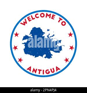 Bienvenue à Antigua Stamp. Timbre rond grunge Island avec texture dans le thème de couleur Super Rose Red. Sceau Antigua géométrique de style vintage. Illustration de Vecteur