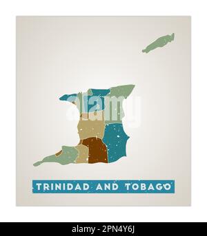 Carte de Trinité-et-Tobago. Affiche du pays avec les régions. Texture grunge ancienne. Forme de Trinité-et-Tobago avec le nom du pays. Illustration de Vecteur