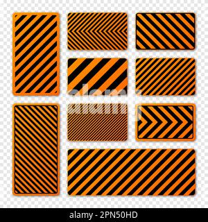Divers panneaux d'avertissement noirs et orange avec lignes diagonales. Panneau attention, danger ou attention, signalisation du chantier. Panneau de signalisation réaliste Illustration de Vecteur
