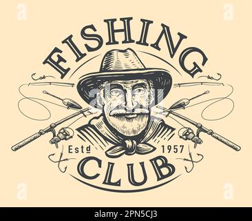 Emblème du club de pêche. Joyeux pêcheur âgé et barres de pêche croisées pour attraper du poisson. Illustration vectorielle vintage Illustration de Vecteur