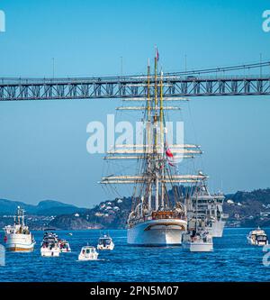 Le Statsraad Lehmkuhl rentre à Bergen après 20 mois en mer dans le monde entier. Banque D'Images