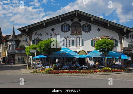 Oberammergau, Alte Post Hotel, art mural traditionnel, ville bavaroise de jeux de passion, haute-Bavière, Allemagne Banque D'Images