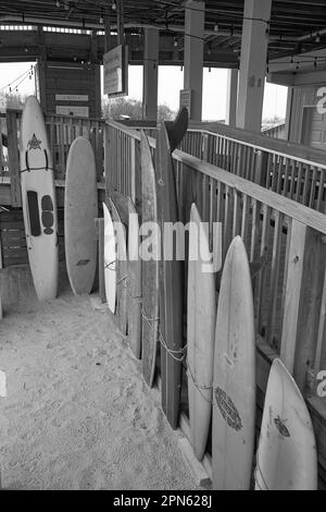 Une collection de planches de surf anciennes se trouve dans le sable près d'une zone de loisirs en bord de mer. Banque D'Images