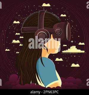 Jeune fille personnage portant un casque VR sur fond de nuages rose foncé. Illustration de Vecteur