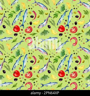 Motif sans couture d'anchois et de légumes aquarelle illustration isolée sur le vert. Poisson de mer, sardine, épices, citron, olives dessinées à la main. Design el Banque D'Images