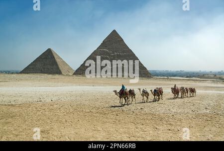 Pyramides du plateau de Gizeh. Caravane de chameaux. Pyramides de Khufu (Cheops), Khafre (Chephren). Égypte Banque D'Images