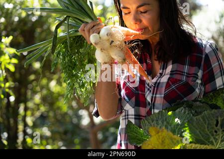 Belle femme latine sent les légumes fraîchement cueillis dans le jardin Banque D'Images