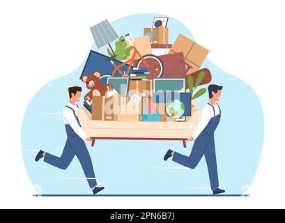 Deux hommes déménageurs porte canapé avec boîtes en carton, fleur, images et livres, service rapide. Compagnie de transport et de réinstallation. Dessin animé Illustration de Vecteur