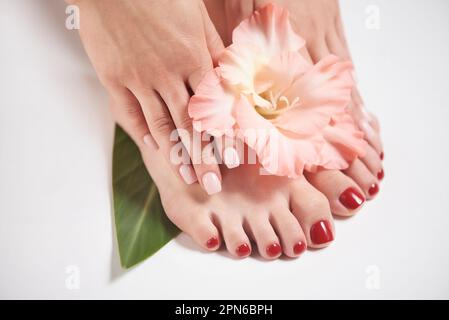 Nouvelle manucure et pédicure sur les mains et les jambes des femmes à fleur rose Banque D'Images