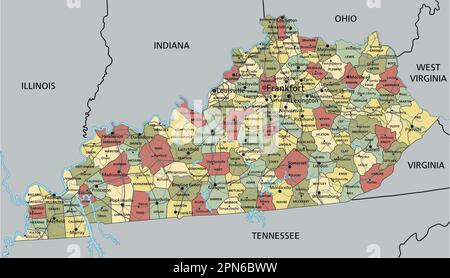 Kentucky - carte politique modifiable très détaillée. Illustration de Vecteur