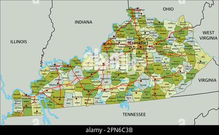 Carte politique modifiable très détaillée avec des couches séparées. Kentucky. Illustration de Vecteur