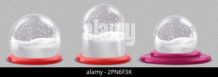 Ensemble réaliste de boules de neige isolées sur fond transparent. Illustration vectorielle de globes de verre avec de la neige blanche à l'intérieur. Nouvel an, Noël, souvenir de vacances d'hiver. Cadeau de fête ou élément de décoration Illustration de Vecteur